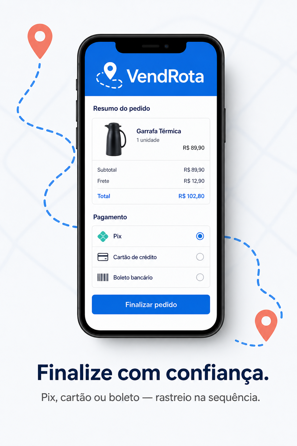 Checkout do VendRota com Pix, cartão, resumo do pedido e cupom de desconto