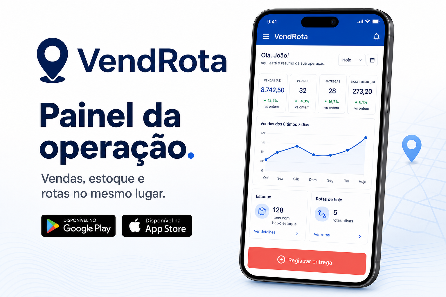 Painel administrativo VendRota com métricas de vendas, pedidos e controle de estoque